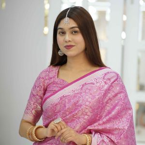 A003. কাঞ্চিপুরম শাড়ি ব্লাউজ পিস সহ, (বেবি পিঙ্ক)